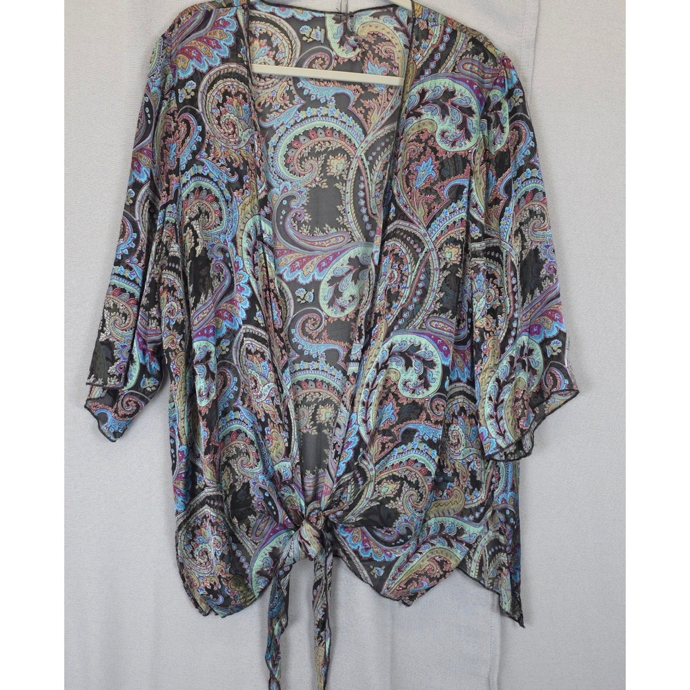 Ulla Popken Inspiration Silk Blouse 2pc Paisley Tie Front Women 20/22 Blue Black - Picture 9 of 9